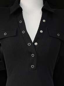 Chiquease 女士性感紧身纯色深V领短袖T恤 - 黑色 - 查看 4