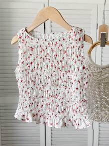 SHEIN Tween Girls' Elegant Fresh Ditsy Floral Sleeveless Ruffle Blouse - Pink - View 3