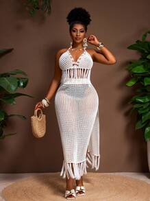 Slaydiva White Summer Boho Silky Beach Holiday Ladies Plus Size Knit 2-Piece Set,Halter Neck Backless Tie-Up Knitted Top&Long Fringe High Slit Maxi Skirt - White - View 8