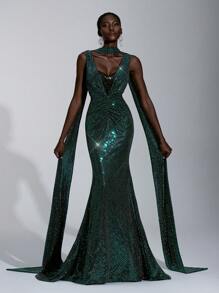 Elitara Abito elegante, romantico e meraviglioso da donna, con scollo a V profondo, collo alla halter, impreziosito da eleganti paillettes, maglia elastica lavorata a maglia, taglio slim a coda di pesce con plissettatura, adatto per cene, feste, compleanni, balli, matrimoni, eventi formali, lauree, festival musicali e altre occasioni serali.