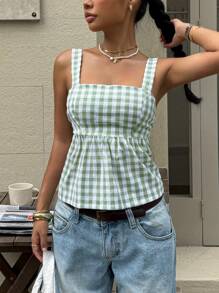 Serisse Plaid Print Ruffle Hem Tie Up Backless Cami Top Summer