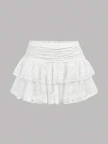 Girlism Teen Girl Fashionable Sweet Solid Color Double-Layered Lace White Mini A-Line Skirt Y2K