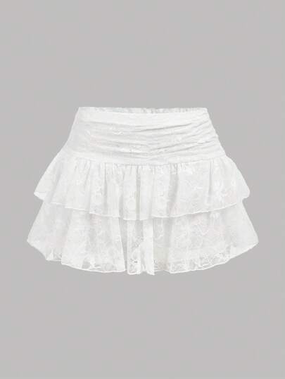 Girlism Teen Girl Fashionable Sweet Solid Color Double-Layered Lace White Mini A-Line Skirt Y2K