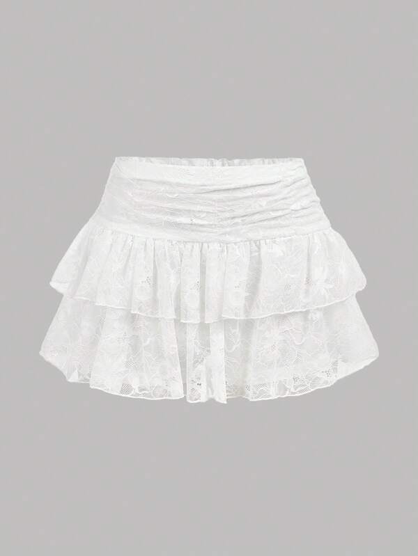 Girlism Fete adolescente la modă dulce culoare solidă dublu strat dantelă albă mini A-line fustă Y2K ținută albă fustă albă cu frunze de lotus albe stratificate tort fustă albă fustă de vară