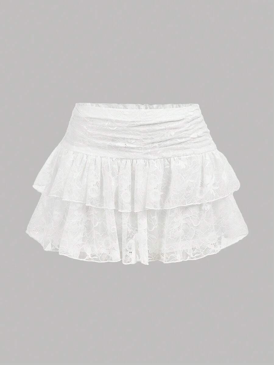 Girlism Teen Girl Fashionable Sweet Solid Color Double-Layered Lace White Mini A-Line Skirt Y2K