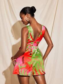 Eva Novielli 夏季热带印花缎面 V 领迷你连衣裙女式度假休闲优雅连衣裙 - 彩色 - 查看 2