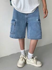 SHEIN 这款青少年男孩时尚休闲Y2K复古酷炫工装口袋设计牛仔短裤，采用宽松舒适的蓝色面料，适合儿童日常穿着，柔软舒适，也适合春夏、夏季、节日和海滩穿着。 - 藍色 - 查看 6