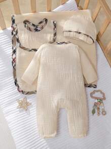 4 件套新生儿柔软针织长袖连体衣、帽子、围兜和襁褓套装，舒适家居服 - 杏色 - 查看 2