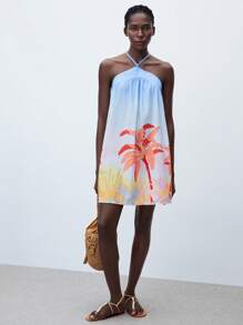 Maija Women's Blue Summer Halter Tie Sleeveless Dress, Sexy Minimalist Comfortable Positioning Plant Print Pattern, Suitable For Beach Holiday, Summer Beach Essential