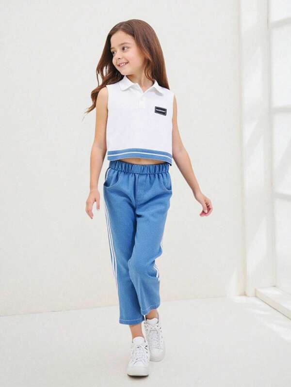 SHEIN Explorewe 2 Pieces Set For Tween Girls, Casual Style With A Sleeveless White Polo Tank Top Paired With Side Stripe Design Elastic Denim Long Pants, Suitable For Outings, Daily Wear, School, Parties, And Various Other Occasions In Spring, Summer, And Autumn