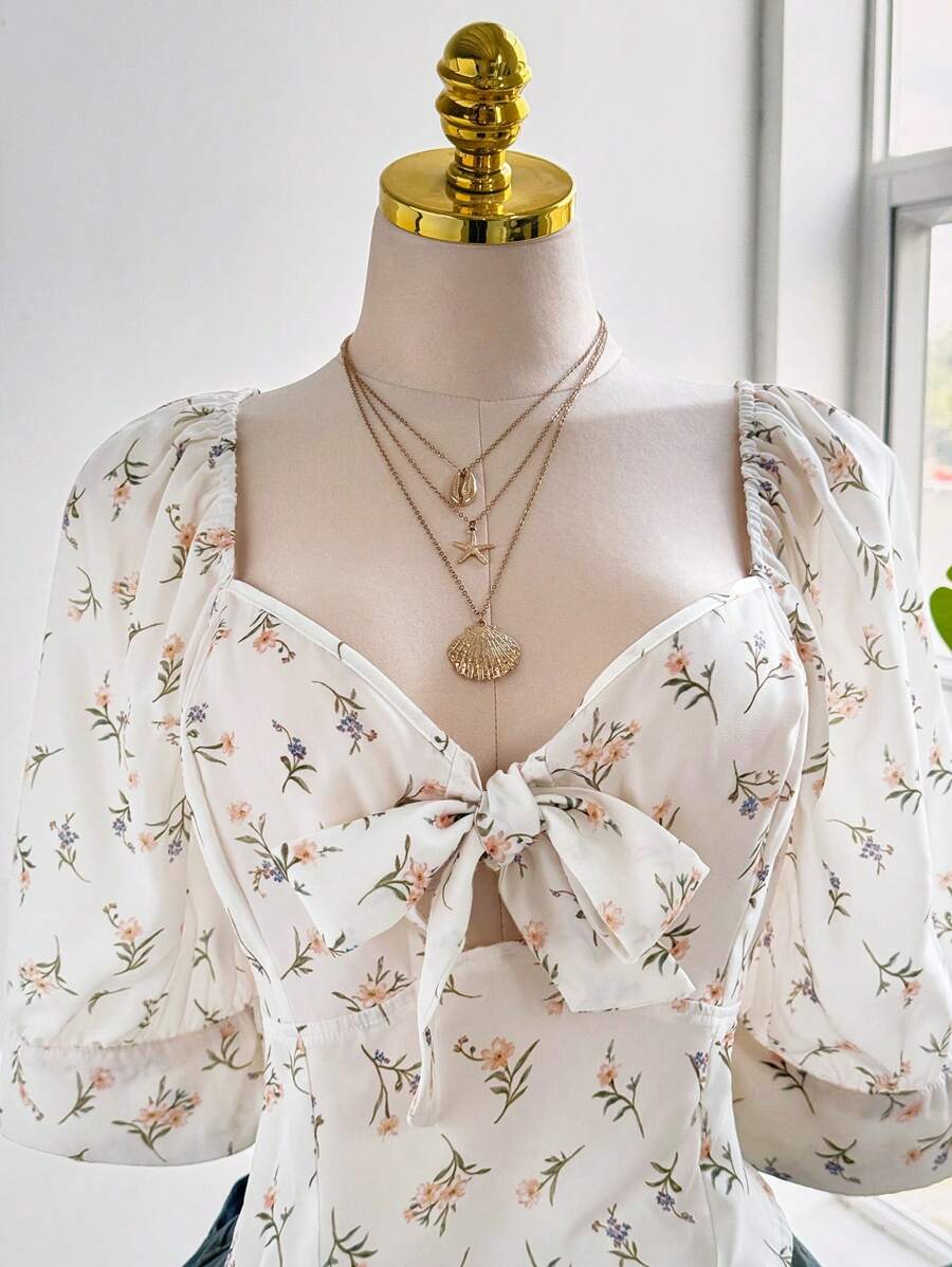 Celure Plus Size Floral Print Hollow-Out Heart Neck Casual Short Sleeve Shirt Romantic Elegant Exquisite