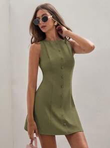 COSMINA Women's Casual Solid Color Single Breasted Sleeveless Mini Dress, Summer - Army Green - View 6