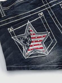 ROMWE Avant Women's US Independence Day Star Embroidered Y2K Denim Shorts - Blue - View 2