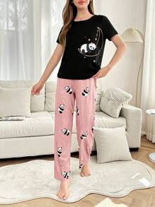 Dream Adore 2pcs Cartoon Moon Panda Print Pajama Set