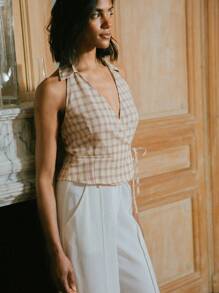 lacRébo Check Sleeveless Wrap Top With Collar And Open Back European Spring Top Old Money Style Top - Red - View 5