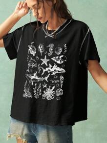 Bohemela T-shirt femme à manches courtes, col ras du cou, ample, imprimé océan, style vacances d'été