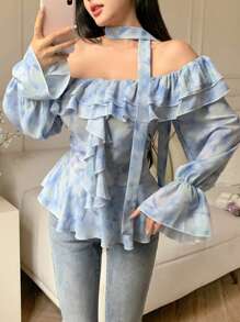 Modelyn 女式扎染露肩荷叶边修身衬衫，时尚新款，春夏 - 淺藍色 - 查看 2