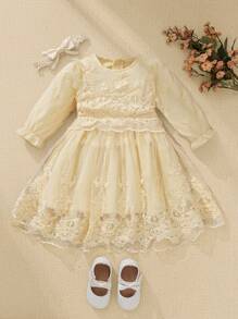 SHEIN Váy công chúa ren lưới tay ngắn màu trơn thanh lịch cho bé gái, mùa thu - Màu vàng - Xem 3