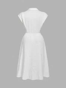 SHEIN MOD Plus Size Women White Summer 1920s Flapper Bachelorette Party Tea Party Embroidered Collar Front Button Down Long Vintage Jacquard Rose Holiday Dress - Beige - View 2