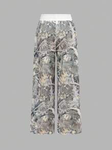 SHEIN Girlism 青少年女孩休闲运动街头时尚迷彩和树叶印花撞色腰带宽松阔腿运动裤 - 軍綠色 - 查看 2