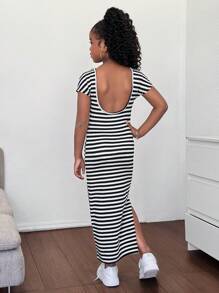 Tween Girl Casual Chic Knit Striped Short Sleeve Cut-Out Back Long Snug Fit Dress, Back To School, Mommy And Me Matching Outfits - Black and White - View 4