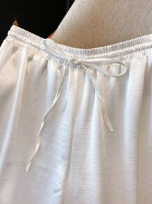 SHEIN PETITE 优雅休闲直筒闪亮编织抽绳腰女式白色裤子，春夏