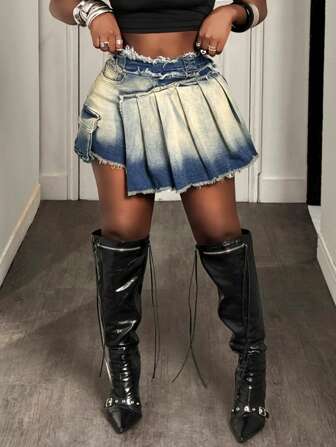 BamGleam 美式复古女式牛仔短裤，夏季新款时尚口袋休闲不对称褶皱短裙