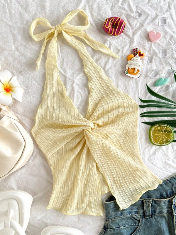 SHEIN Tween Girl Casual Vacation Textured Knit Light Yellow Butterfly Decor Halter Neck Camisole