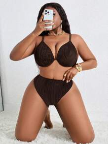Slaydiva Plus Size Women's Sexy Steel Boned Textured Adjustable Bikini Set For Summer Beach Vacation - Brown - View 4