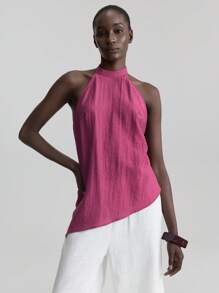 Ontre Blusa de estilo vacacional morada para todo el año, uso diario, elegante blusa holgada de cuello halter con pliegues - Morado - Ver 7