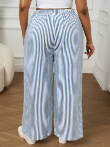 SHEIN PETITE CURVE Quần sọc cỡ lớn, thời trang cho mùa hè - Xanh và trắng - Xem 2