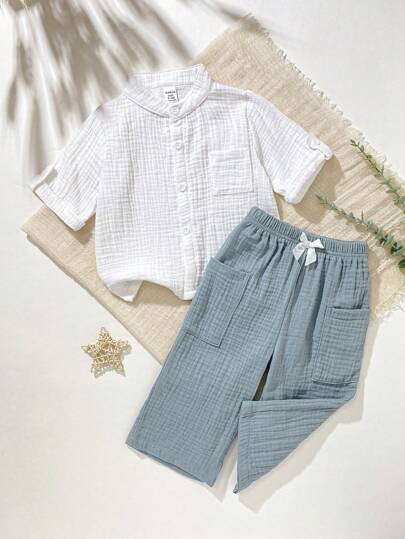 طقم بنطال والقميص قصير الأكمام لحديثي الولادة والأ...