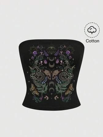 Grunge Punk Top a fascia corto per donne, con ispirazione natura di motivi misteriosi come falena, serpente, sole, luna, stella e farfalla, in stile gotico