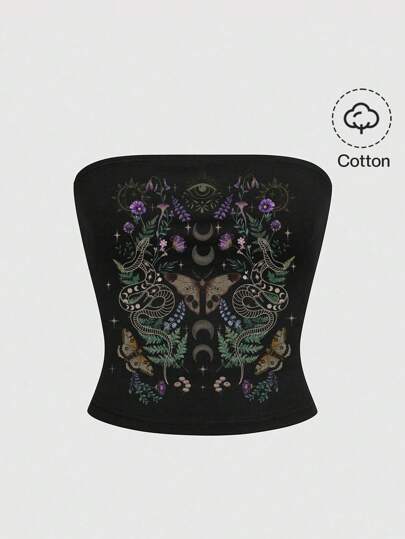 Grunge Punk Gotisch mysteriöser Motten-Schlangen-Sonne-Mond-Stern-Schmetterling, naturinspiriertes sexy Bandeauoberteil mit Cropped-Schnitt für Frauen