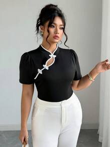 Celure Plus Size Women Elegant Solid Contrast Color Button Decor Stand Collar Short Sleeve High Stretch Knit Fabric T-Shirt, Suitable For Commuting, Work, Business Casual And Daily Wear