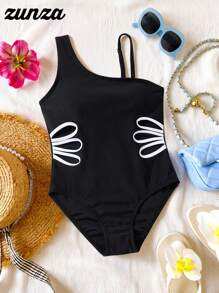 SHEIN Tween Girl One-Piece Swimsuit, Cute Hollow Out Vacation One Piece Swimsuit