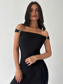 Firerie Women's New Pleated Asymmetric Shoulder Bodysuit, Casual Black Versatile Playsuit With Gold Decor, Elegant Sexy Bodysuit For Daily Wear, Office, Vacation, Beach, Music Festival, Spring/Summer