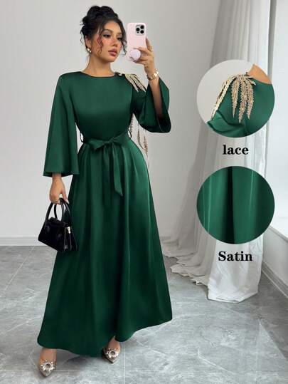 Rafferiza Vestido largo de mujer con efecto ceñido en la cintura, suelto, de manga larga, de satén con aplicaciones, estilo árabe, tipo abaya, unicolor, elegante, para uso diario, Ramadán
