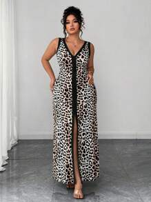 Elenzga 大码豹纹印花前开衩性感无袖V领低腰修身不对称领连衣裙生日女士休闲连衣裙女装夏季服装女士夏季套装连衣裙优雅礼服 - 彩色 - 查看 6