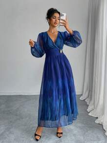 Modelyn Rochie cu imprimeu floral și nasturi în față, vopsită în tie-dye - Albastru - Vizualizare 5