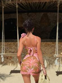 Bonvoyette 高端夏季新款V领彩色花卉印花棕榈树装饰女士两件式泳衣带裙