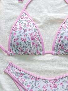 Swim Mod Women's Ditsy Floral Printed Pink Bikini Set For Summer Beach Vacation - Purple - View 3