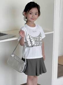 DAZY Set 2 buc/set pentru fete tinere, cu guler rotund și paiete, tricou cu mânecă scurtă și fustă plisată lejeră, ținute de vară pentru fete - Argint - Vizualizare 3