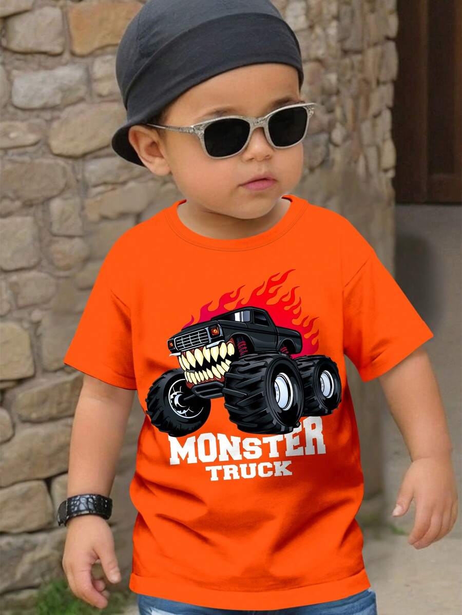 SHEIN 年轻男孩休闲简约酷炫怪物坦克射击火焰图案印花圆领 T 恤，适合夏季 - 橘色 - 查看 1