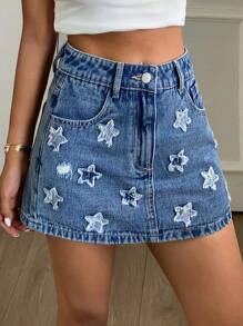 Livesso Gonna estiva da donna con stampa di stelle all-over e ricamo, gonna di jeans casual e carina, pantaloncini di jeans - Blu lavato medio - Visualizzare 2