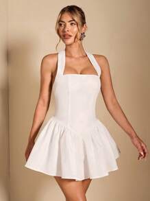 SHEIN BAE 纯色方领露背方领褶皱迷你连衣裙露背连衣裙粉色女式泡泡无袖连衣裙宫廷风格节日连衣裙夏季背部大蝴蝶结装饰，优雅，女士海滩装/海滩，女士晚礼服/新娘送礼会礼服白色，毕业礼服/毕业装，女士早午餐装，女士音乐会装/狂欢装节日/乡村音乐会装/伊比沙岛装/纳什维尔装，度假，度假，端庄，白色毕业礼服