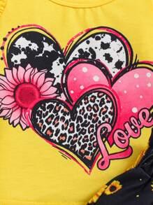 SHEIN Playful Pals 2pcs Baby Girl Spring/Summer New Cute Heart & Sunflower Print Flutter Sleeve Top And Bow Shorts Set - Yellow - View 7