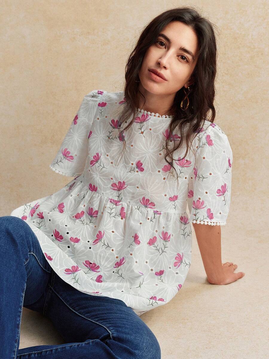 Écloséra Áo cánh trắng thêu họa tiết hoa cổ chữ V rộng rãi không tay cho nữ, mùa xuân/hè - Hồng - Xem 1