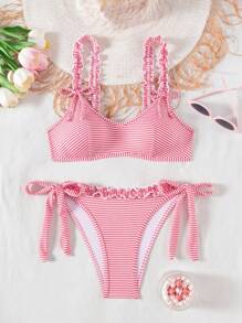 Swim Mod 2 Stücke/Set Damen rosa gestreifter süßer Bikini mit Rüschen und Schleife, süße Strandurlaubs-Sommer-Freizeitbademode für Pool-Partys