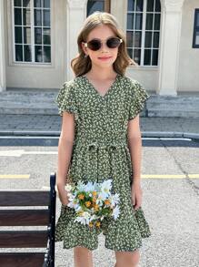 SHEIN Tween Girls' Casual Green Ditsy Floral V-Neck Ruffle Sleeve A-Line Short Sleeve Dress With Belt - Green - View 8